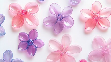 Flower-shaped stickers with transparent plastic material, in pink and purple colors on a white background.