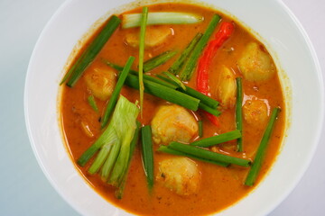 Mackerel curry with fish balls in coconut milk, a dish that Thai people love to eat.
