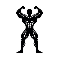 Front double bicep bodybuilding pose, standing man with big muscles, vector silhouette isolated on transparent background.