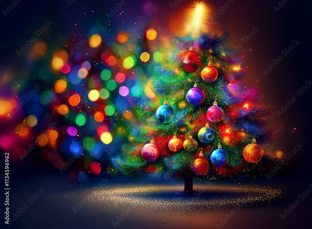 Poster a vibrant christmas tree adorned with colorful ornaments glows brightly against a bokeh background o
