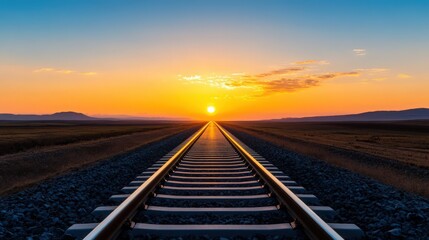 A train track with a sunset in the background