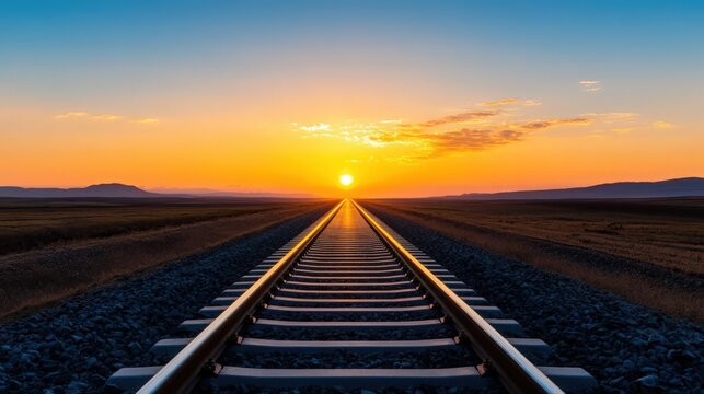 A train track with a sunset in the background