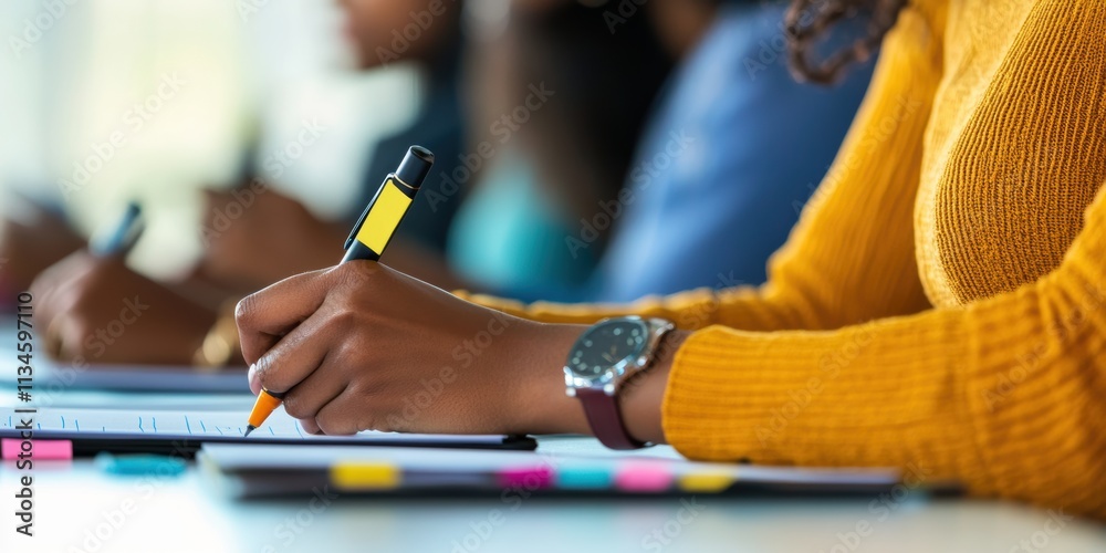 Poster a closeup shows an individual taking notes on goal setting and strategic planning, surrounded by pee