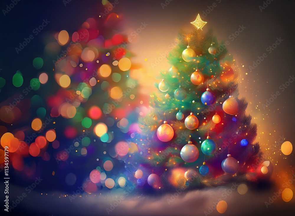 Poster two vibrantly decorated christmas trees glow with colorful lights and ornaments, creating a magical,