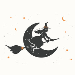 silhouette of a witch flying on a broomstick, with her hair flying and a pointed hat, and a bat in the sky nearby on a white background