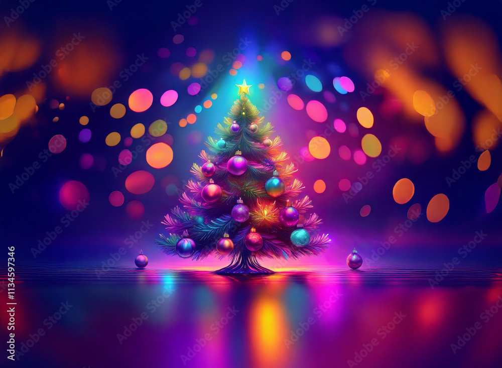 Aufkleber a vibrant, glowing christmas tree stands adorned with colorful ornaments, encircled by a bokeh of li