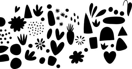 Vector abstarct shapes. For surface design, printing on paper and fabric. Handdrawn waves, shapes, circles, flowers, leaves, branches. For social media post design