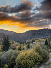 The landscape of Carpathian Mountains in the sunny weather. Perfect weather condition in the autumn season