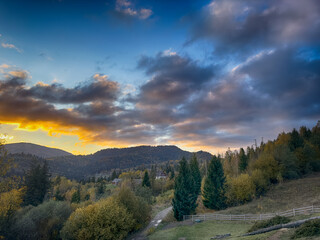 The landscape of Carpathian Mountains in the sunny weather. Perfect weather condition in the autumn season