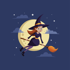 witch flying on a broomstick, with her hair flying and a pointed hat on a transparent background