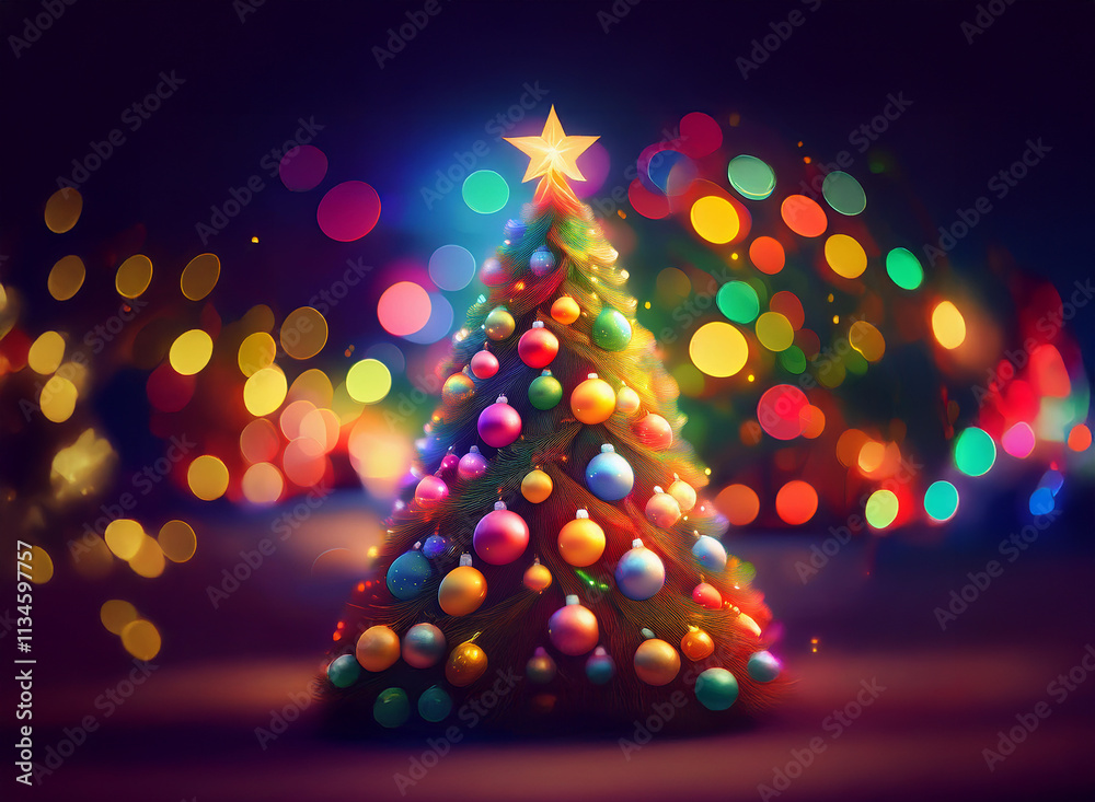 Poster A vibrant Christmas tree adorned with colorful ornaments gleams brightly against a backdrop of sparkling bokeh lights, evoking a festive and joyful atmosphere.