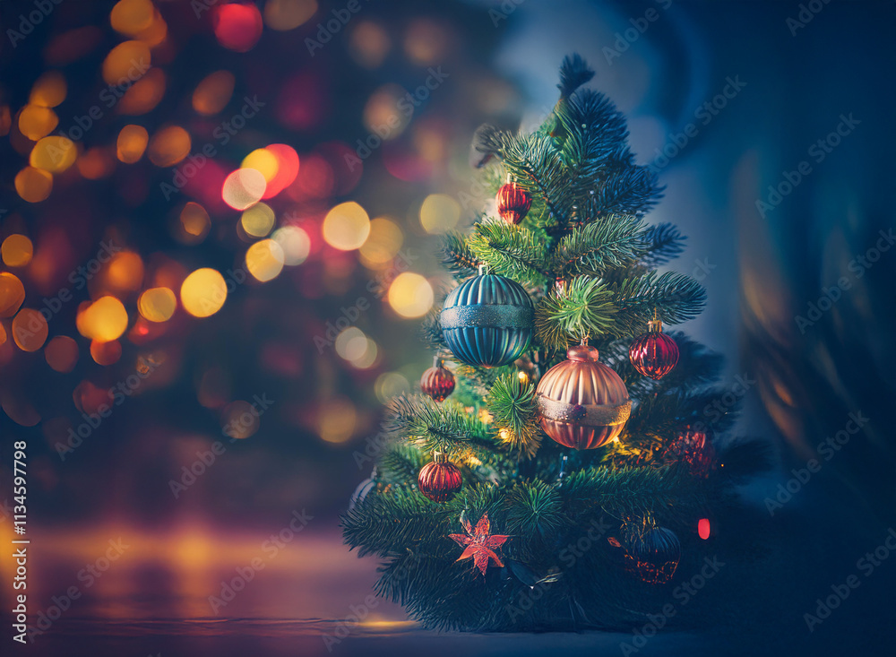 Poster a miniature christmas tree adorned with colorful ornaments sits on a wooden floor, bathed in the war