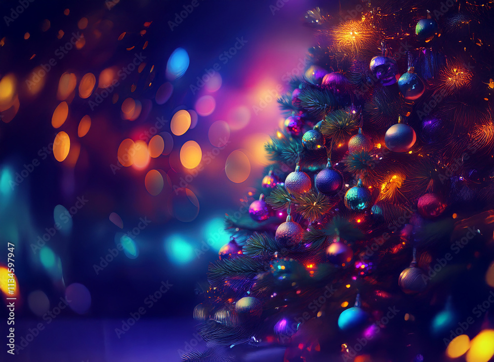 Poster a vibrant christmas tree adorned with colorful ornaments glows against a backdrop of shimmering ligh
