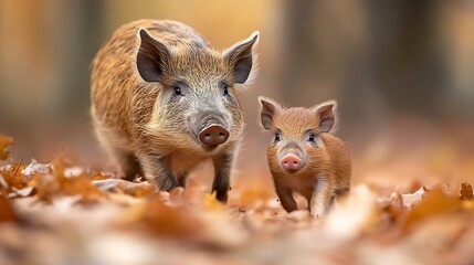 Fototapeta premium A Beautiful Family of Wild Boars in a Colorful Autumn Forest Surrounded by Fallen Leaves with a Scenic Natural Background
