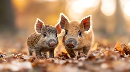 Fototapeta premium Adorable Piglets Exploring Autumn Leaves in a Soft Focus Background Capturing the Essence of Nature and Innocence in a Warm, Sunlit Environment