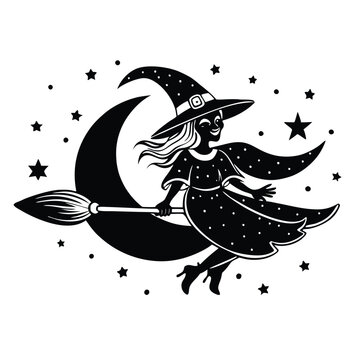 recommend clip art: Halloween witch flying with her old magic broom and mortar in a dark night sky, black and white background