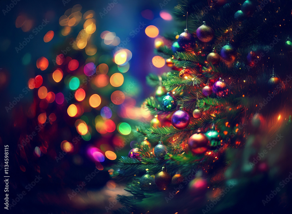 Poster a beautifully decorated christmas tree glows with colorful ornaments and lights, bokeh effect in the