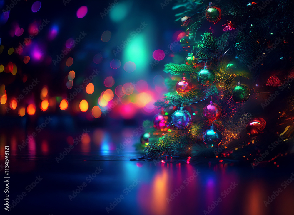 Aufkleber A vibrant Christmas tree adorned with colorful ornaments reflects in a glossy surface, bathed in a neon glow.  The background is blurred bokeh of festive lights.