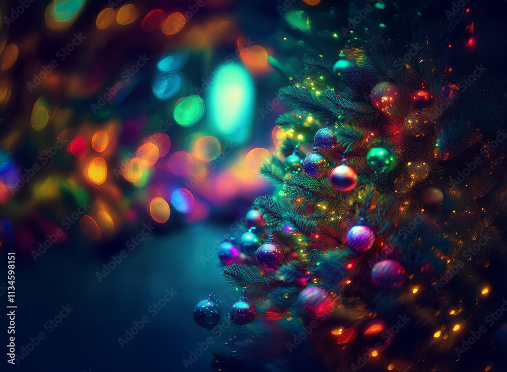 Poster a vibrantly lit christmas tree adorned with colorful ornaments, glowing with festive cheer. the boke