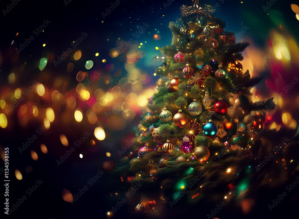 Poster a vibrant christmas tree adorned with colorful ornaments, glowing lights, and a bokeh background of 