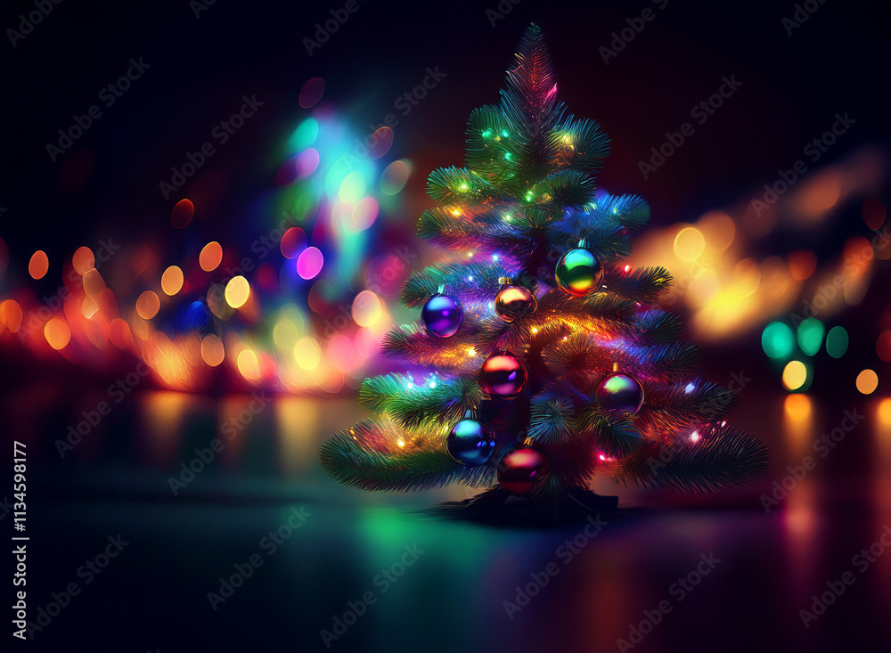 Poster a vibrant christmas tree adorned with colorful ornaments, glows brightly against a bokeh background 