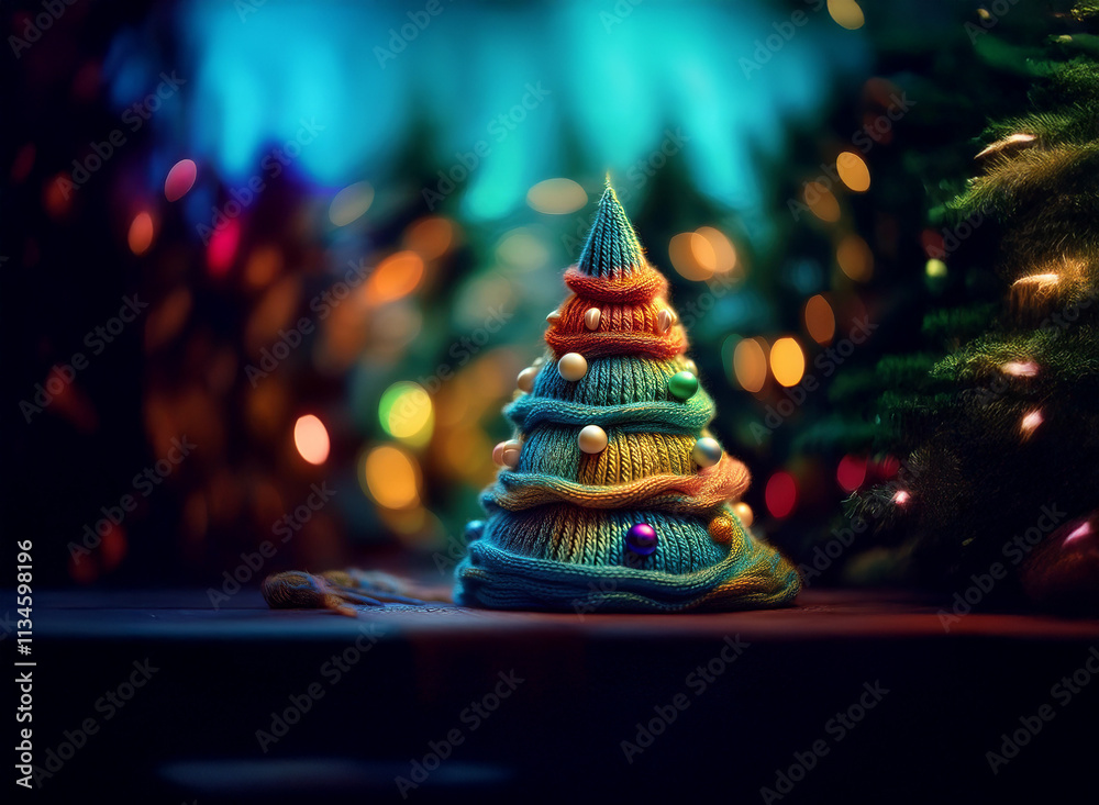 Poster a whimsical, miniature christmas tree, crafted from colorful, textured clay, sits adorned with baubl