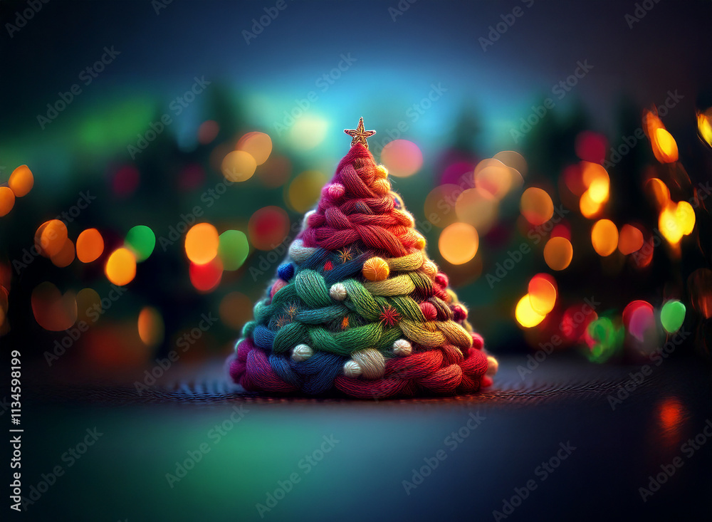 Poster a whimsical, yarn-crafted christmas tree glows softly against a backdrop of colorful bokeh lights. t