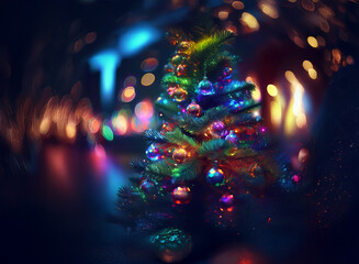 A vibrant Christmas tree adorned with colorful ornaments glows brightly against a bokeh background of warm and cool lights, creating a magical festive scene.