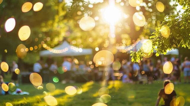 A gentle haze envelops the outdoor concert adding to the relaxed vibe of the picnic.