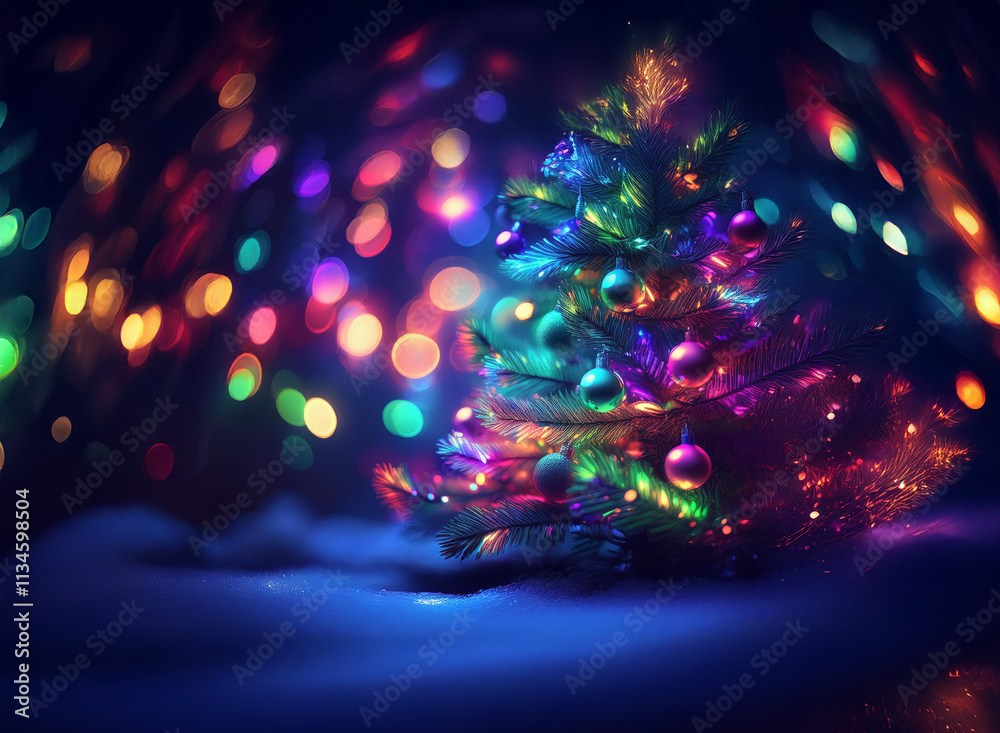 Aufkleber a vibrant, miniature christmas tree adorned with colorful ornaments sits on a snowy surface, illumin