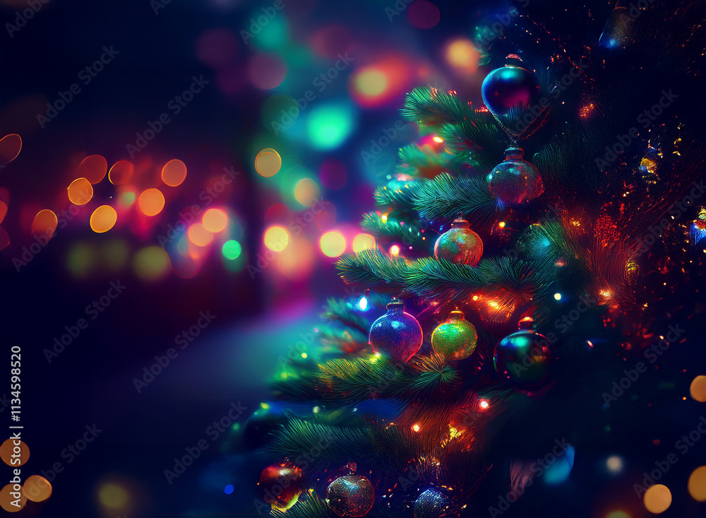 Poster A vibrant Christmas tree glows with colorful ornaments and lights, creating a magical, festive ambiance.  The bokeh effect in the background adds to the enchanting scene.