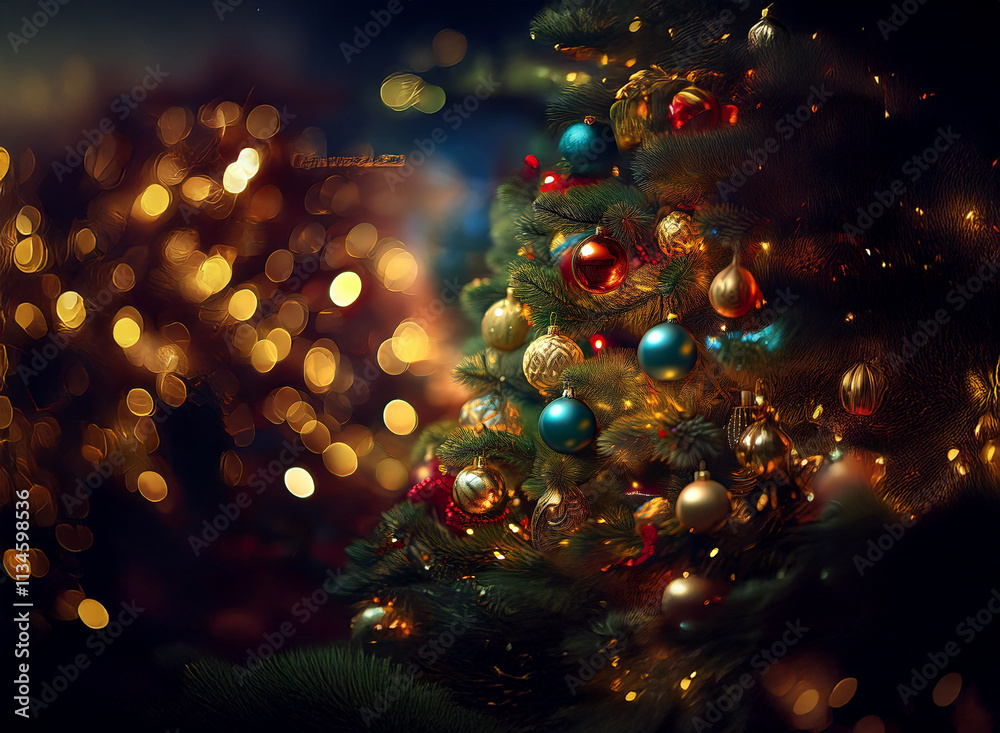 Poster a richly decorated christmas tree glows with colorful ornaments and warm lights against a bokeh back