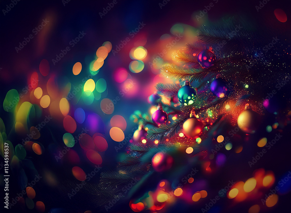 Poster a shimmering christmas tree adorned with colorful ornaments, glows with vibrant lights against a dar