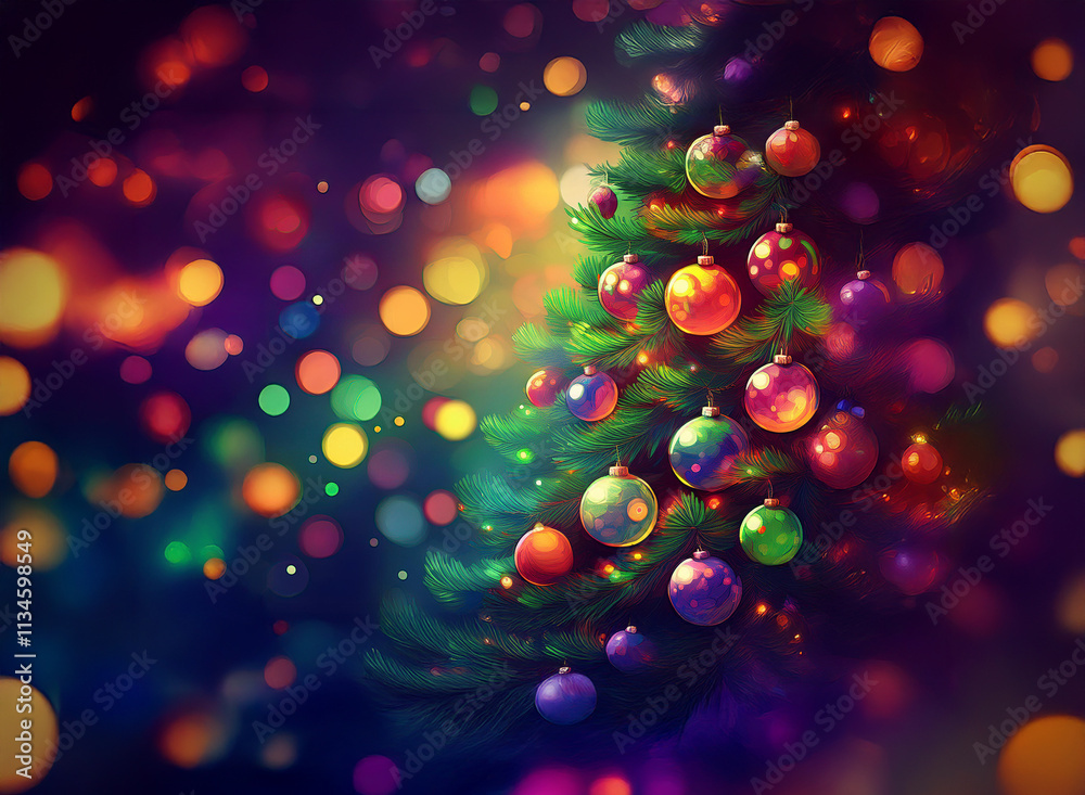 Aufkleber a vibrant christmas tree adorned with colorful ornaments, glows against a backdrop of twinkling boke