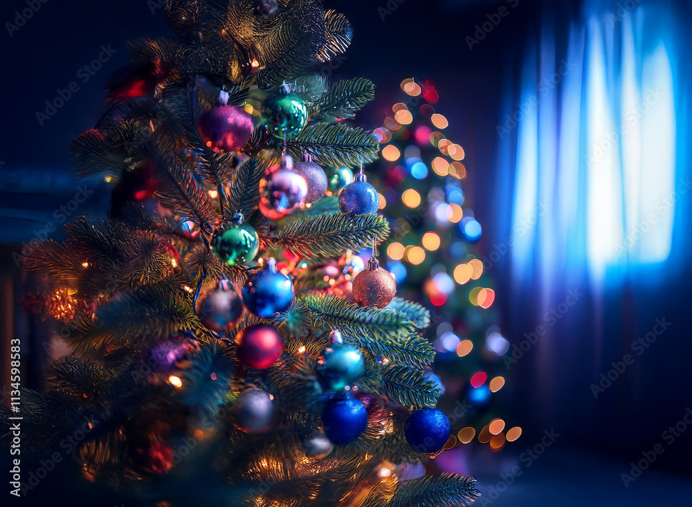 Poster a beautifully decorated christmas tree glows with colorful ornaments and warm lights against a dark,