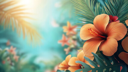 Bright summer background illustration with sunny skies, beach, and palm trees