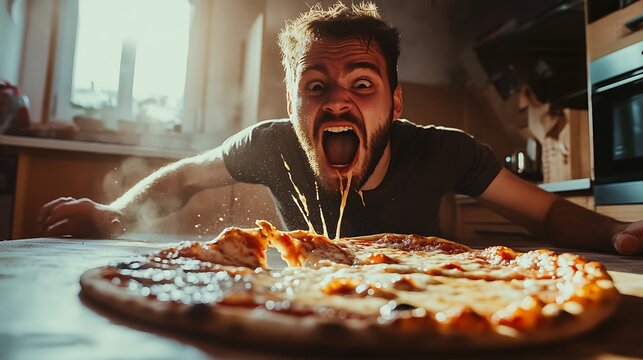 Man ravenously devouring a cheesy pizza slice