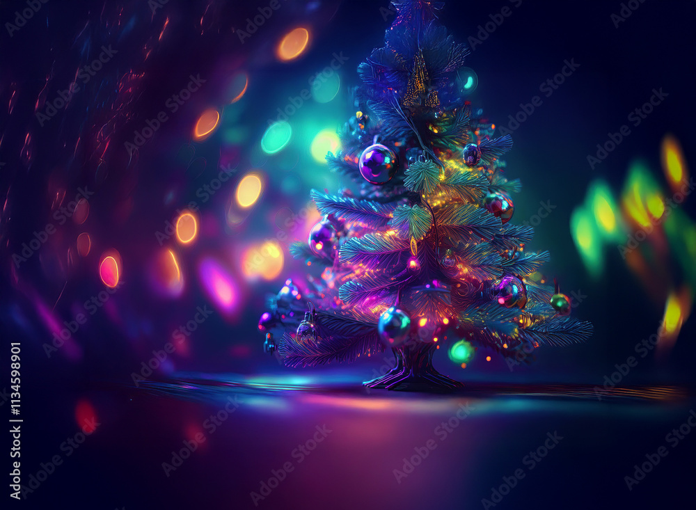 Poster a vibrant, glowing christmas tree stands in a dark, bokeh-filled scene. colorful lights and ornament