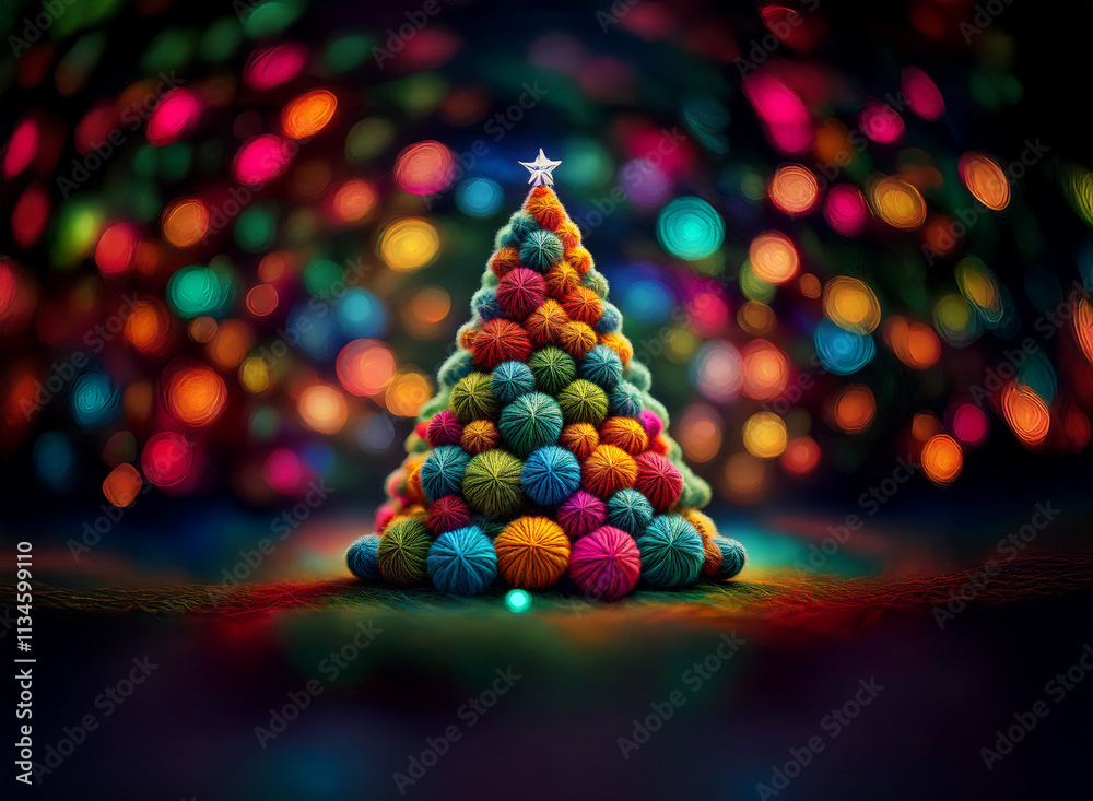 Poster a vibrant christmas tree crafted from colorful yarn balls sits against a bokeh backdrop of twinkling
