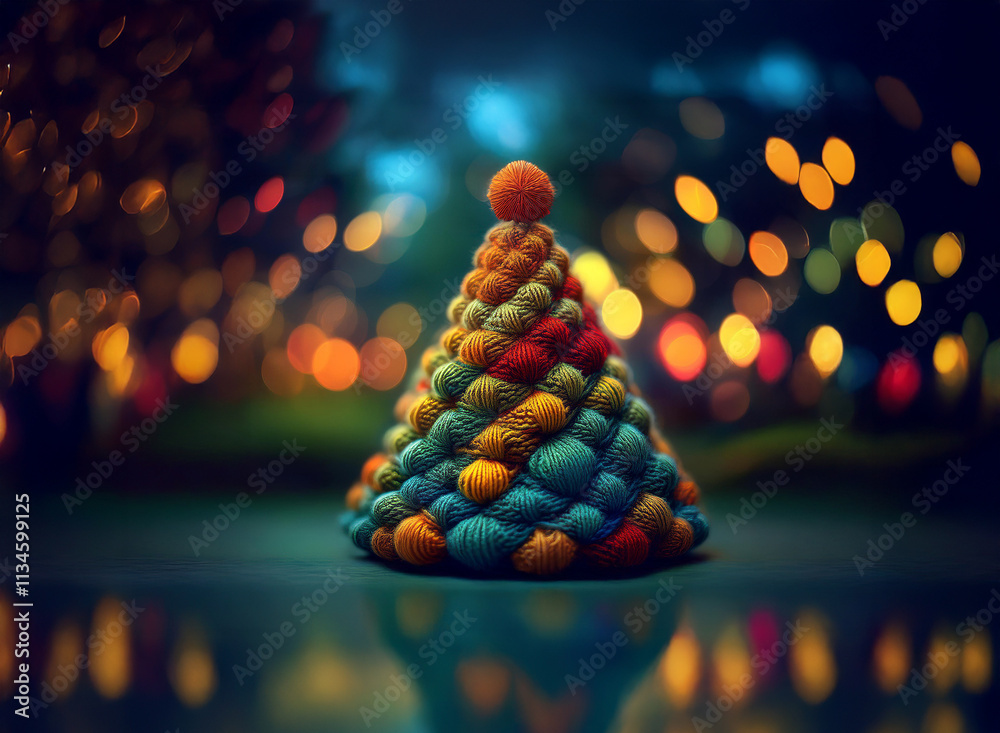 Poster a miniature christmas tree crafted from colorful yarn sits on a reflective surface, bokeh lights ill