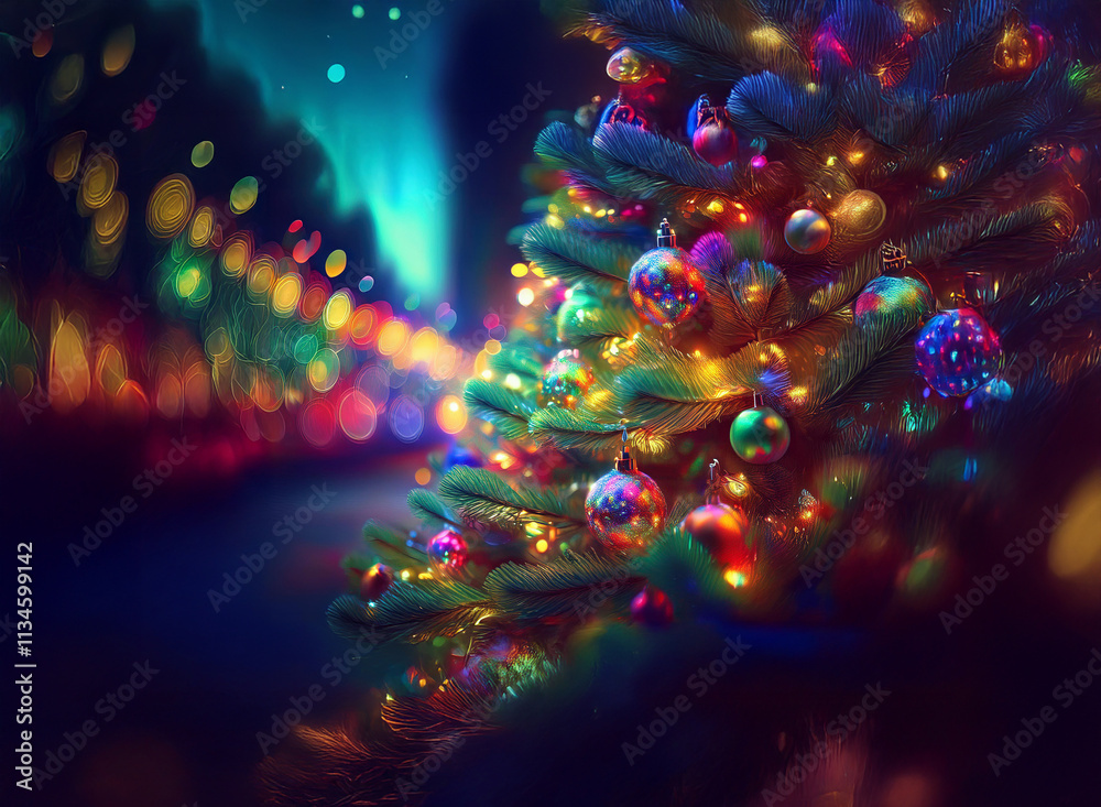 Aufkleber a vibrant, colorful christmas tree adorned with glowing lights and ornaments, set against a blurred 
