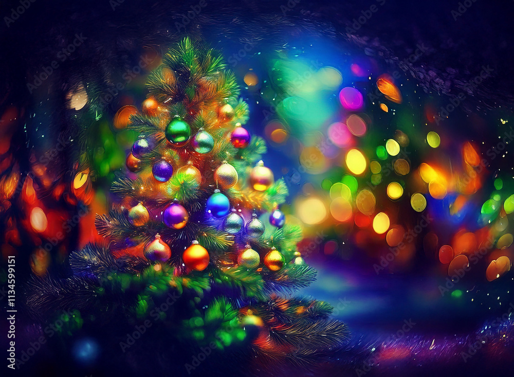 Poster a vibrant christmas tree adorned with colorful ornaments stands in a magical, bokeh-filled winter wo
