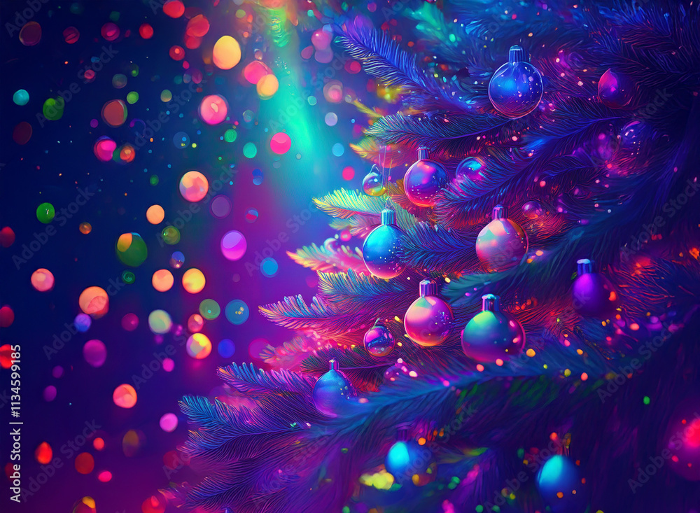 Aufkleber vibrant, neon-lit christmas tree adorned with colorful ornaments. magical bokeh effect with swirling