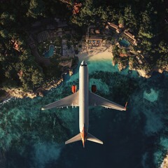 Obraz premium Aerial View of Airplane Over Turquoise Water and Resort