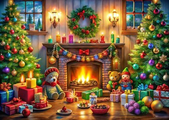 Fototapeta premium A Cozy Christmas Scene: Festive Toys and Colorful Garlands Adorning a Warm Fireplace with Flickering Candles Creating a Magical Holiday Atmosphere