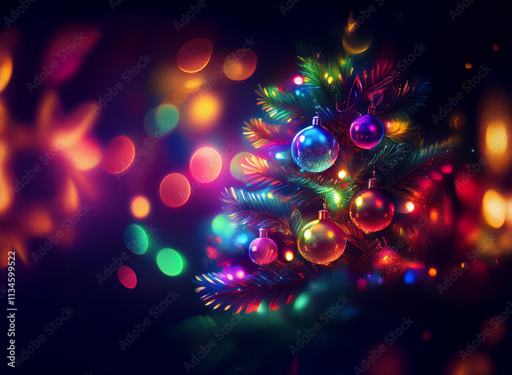 Poster a vibrant, colorful christmas tree adorned with glowing ornaments and lights against a bokeh backgro