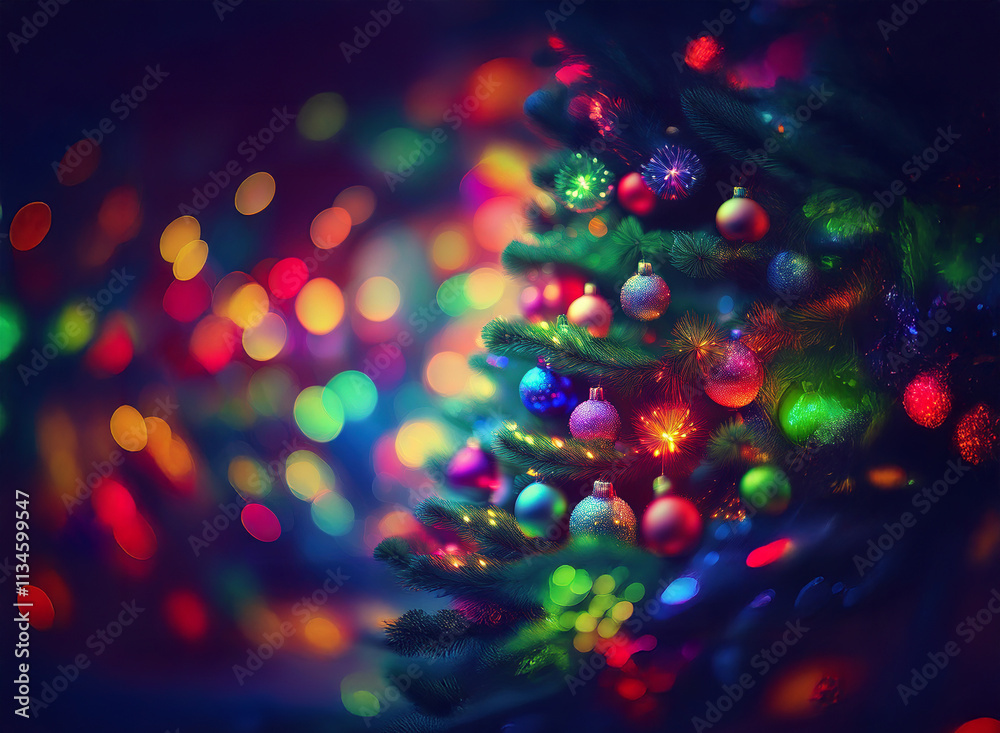 Poster a vibrant christmas tree adorned with colorful ornaments glows brightly against a bokeh background o