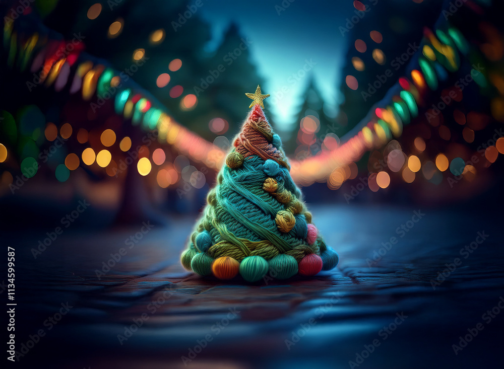 Poster a whimsical yarn christmas tree sits on a cobblestone street, illuminated by festive lights strung b