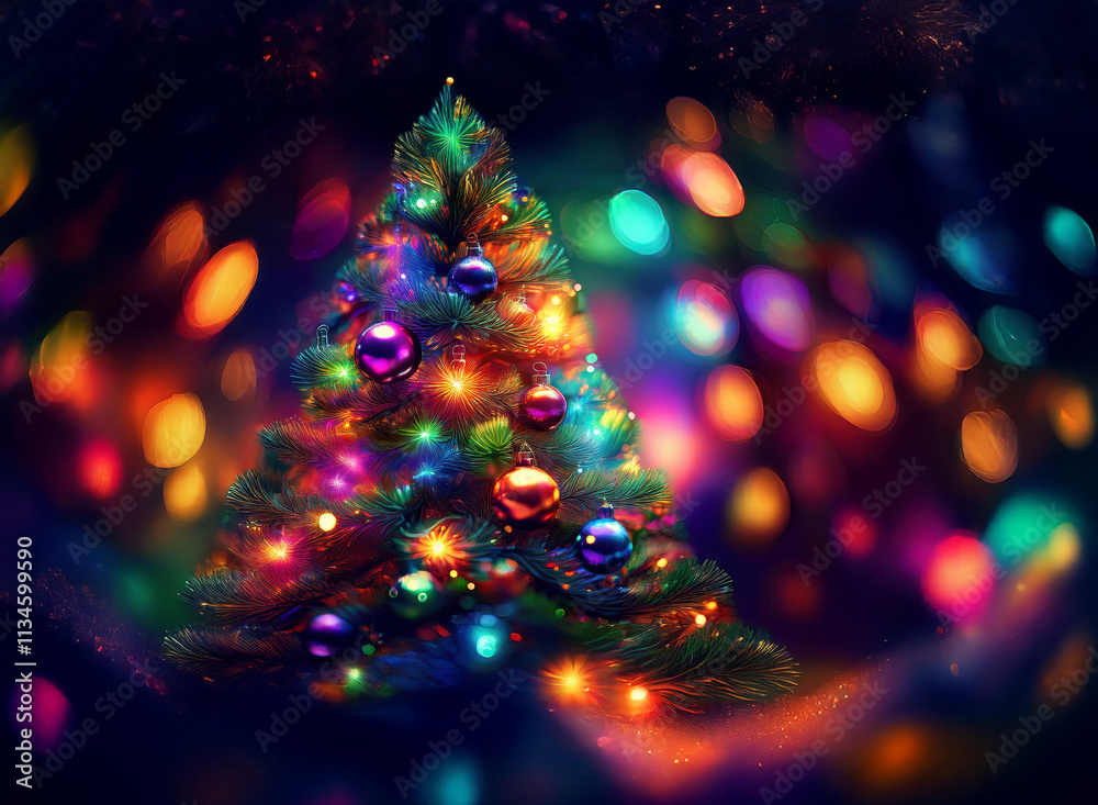 Poster a vibrant, colorful christmas tree glows brightly, adorned with shimmering ornaments and twinkling l