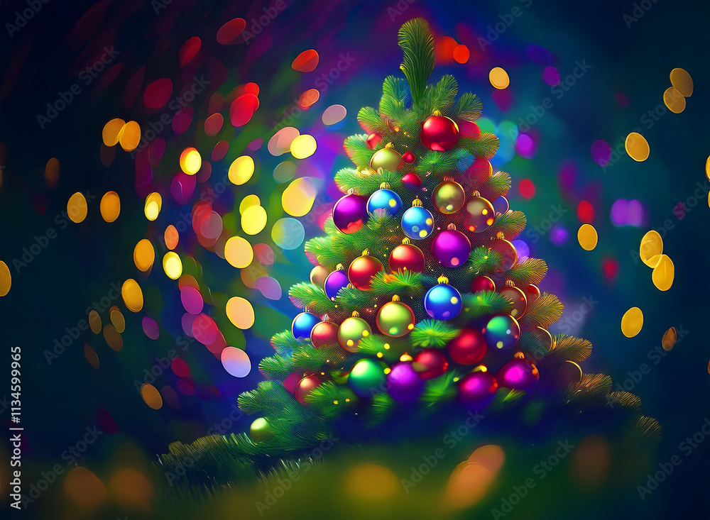 Poster A vibrant Christmas tree adorned with colorful ornaments stands against a backdrop of shimmering bokeh lights.  The festive scene evokes joy and warmth.